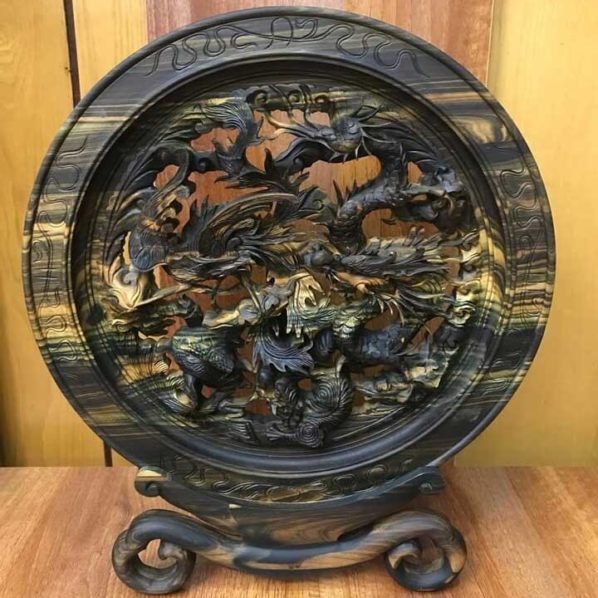 Đĩa tứ linh gỗ mun hoa loại nhỏ 43x37x3cm